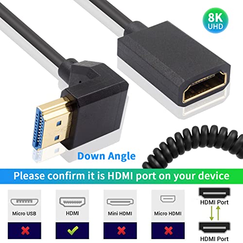 Duttek 8K Coiled HDMI Extension Cable, Down Angled 90 Degree HDMI Male to Female Coiled Cable 48Gbps, 90 Degree HDMI Extension Cable with 8K 60Hz Video and 3D HDR for TV, HDTV Laptop PC 4FT/1.2M - style: Down Angle HDMI Male to Female