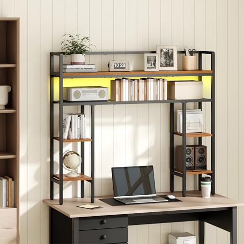 MAHANCRIS Desk Shelf, 43.3" Desk Hutch with Light Strip, Office Desktop Organizer, 5 Tier Desktop Bookshelf for Computer Monitor, Storage Rack for Study, Home Office, Rustic Brown DSHR9801 - color: Rustic Brown