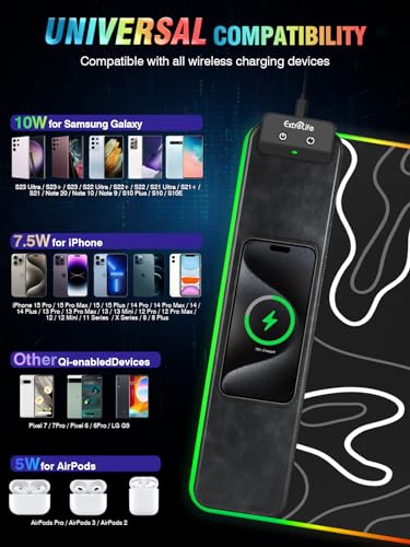 Wireless Charging RGB Gaming Mouse Pad, 31.5"x15.7" XXL Large Desk Mat, Desk Pad for Gamer, 9 Light Modes, Non-Slip Rubber Base, Waterproof, Computer Keyboard Mat, Black - color: Black-white Topographic Line