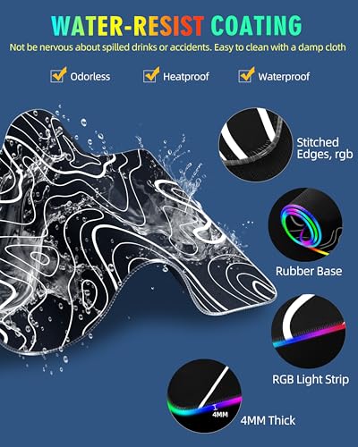 Wireless Charging Mouse Pad, RGB Gaming Mousepad, 31.5"x15.7" Extra Large Desk Pad, 13 Light Modes, Non-Slip Base, Waterproof Computer Keyboard Mat for MacBook, PC, Laptop, Black Topographic Line - color: Black Topographic