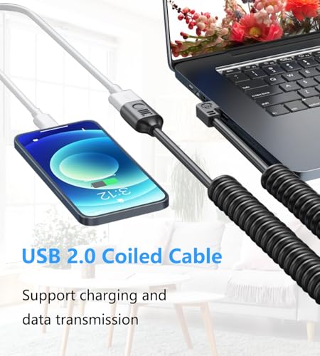 90 Degree USB 2.0 Male to Female Coiled Cable USB Spring Cable USB 2.0 Extension Cable Retractable USB Data Transmission Cord for PC,Laptop, Cameras, Mouse,Other USB Computers(Up Angle) - style: Up Angle
