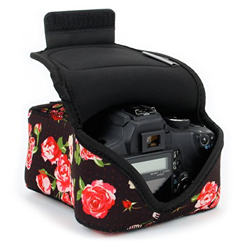 USA Gear Camera Sleeve (Medium) for Compact SLRs Compatible with Canon EOS R100 Nikon Z30 Sony ZV-E10, and more - Padded Neoprene DSLR Case with Zipper Accessory Pocket & Belt Loop (Floral) - color: Floral, size: Compact SLR