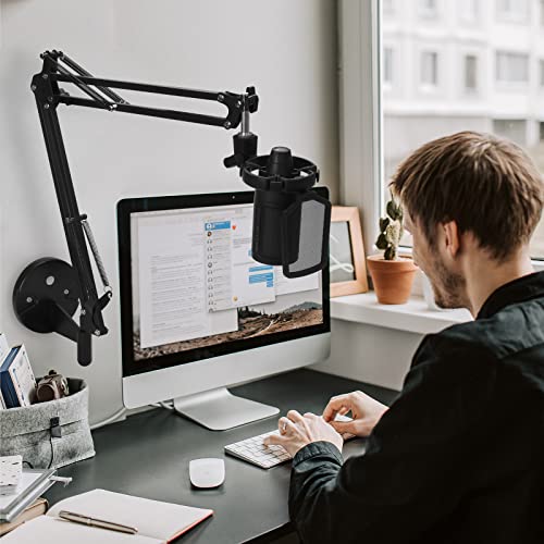 GEEKRIA for Creators Microphone Boom Arm Wall Mount Adapter, Wall Mount Microphone Holder with Adjustable Interface Aperture Compatible with Aokeo AK-35, TONOR T20, InnoGear Mic Arm (Black)