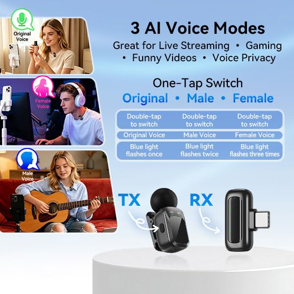 Mic Mini Wireless Microphone for iPhone/Android, 2TX+2RX, 3 Al Voice Modes, 30H Battery for Vlogging & Streaming, 48kHz/24bit, Includes USB-C & Lightning Receivers for TikTok, YouTube - style: Mic Mini A