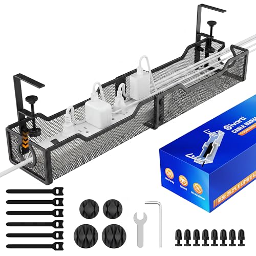 Upgraded 25.2'' Under Desk Cable Management Tray, No Drill Clamp-On Design Wire Organizer, Cable Organization Box for No Damage to Desk, Metal Cord Organizer for Home Office, Black - color: Black