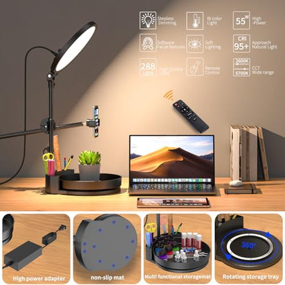 Selfie Light Kit for Desk and Laptop,55W Dimmable Full Screen Ring Light,with Rotating Storage Box,Pen Holder Stand,Phone Holder and Controller (Ice Blue, 10.5) - color: Ice Blue