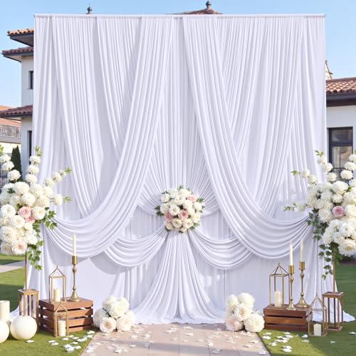 50ft×12ft Wrinkle Free White Backdrop Curtain for Wedding Parties, 10 Panels 5×12ft Long Soft Silky Polyester Backdrop Drapes White Photo Back Drop Curtains for Party Photography Background Cloth - color: White, size: 12ft Long_10 Panels