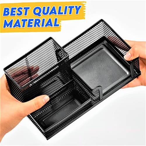 2 Pack 3 in 1 Mesh Pen Holder for Desk, 3 Compartments Pencil Holder Desk Organizer Caddy with Sticky Notes Holder Easy Storage Suitable for Home, Office and School