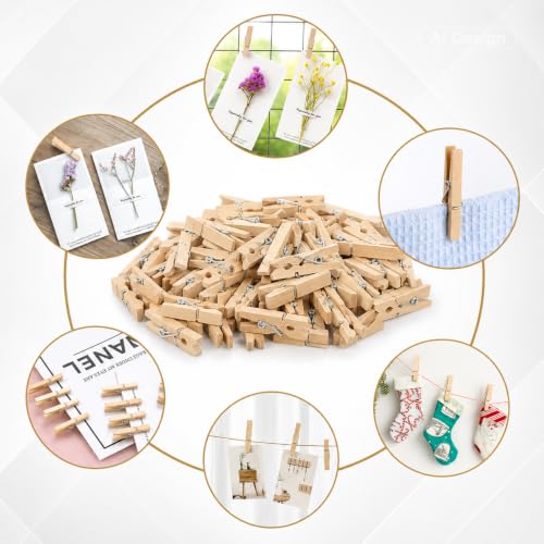 jijAcraft 100Pcs Clothespins with String, 1.4Inch Mini Wooden Clothes Pins with 328Ft Jute Twine, Mini Baby Shower Photo Clips, Small Natural Clips for Hanging Photo, Clothes, DIY Crafts, Wrap Bag - color: Natural