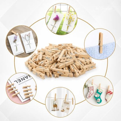 jijAcraft 100Pcs Clothespins with String, 1.4Inch Mini Wooden Clothes Pins with 328Ft Jute Twine, Mini Baby Shower Photo Clips, Small Natural Clips for Hanging Photo, Clothes, DIY Crafts, Wrap Bag - color: Natural