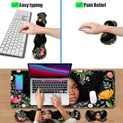 4 in 1 Ergonomic Keyboard Wrist Rest & Mouse Pad Wrist Rest Set, Large XXL Gaming Desk Mat 31.5"x 11.8" with Non-Slip Base, Memory Foam for Home Office Study Gaming, American Black Girl - color: American Black Girl