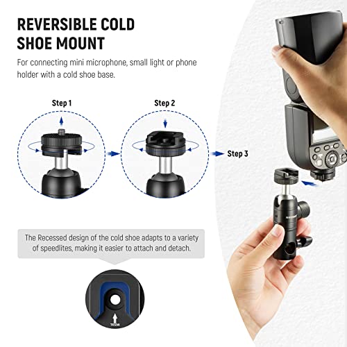 NEEWER Light Stand Mount Adapter with Cold Shoe and 1/4” Screw Mini Ball Head, Reversible Mounting Plate for Camera Monitor Ring Lights, Fits Flat Head/Boom arm/C Stands, Max. Load 22lb/10kg - style: ST-GM06