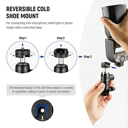 NEEWER Light Stand Mount Adapter with Cold Shoe and 1/4” Screw Mini Ball Head, Reversible Mounting Plate for Camera Monitor Ring Lights, Fits Flat Head/Boom arm/C Stands, Max. Load 22lb/10kg - style: ST-GM06