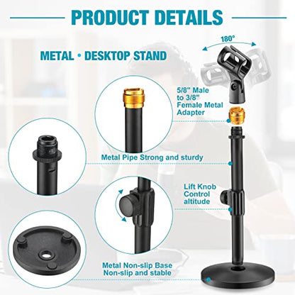 Hoteam 4 Pcs Desktop Mic Stand Adjustable tabletop Mic Stand microphone desk stands with 5/8" Male to 3/8" Female Screw Metal Round Base for Table Desk Interviews, Black
