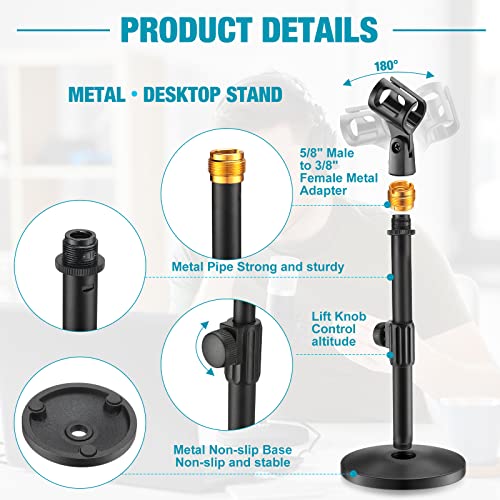 Hoteam 2 Pcs Desktop Microphone Stand Adjustable Table Mic Stand Mic Clip Mic Stand Desk with 5/8" Male to 3/8" Female Screw Metal Round Base for Table Desk Interviews, Black