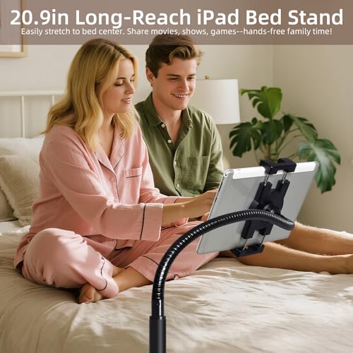 wishacc Adjustable Floor Tablet Stand with Rolling Base, Flexible Gooseneck Mount, Wood Platform, Mobile Device Holder for Indoor Use - size: 15.4 x 11 x 11 inches