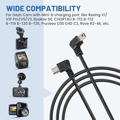 EWAY Mini USB Dash Cam Power Cable 13ft, for Rexing V1 Pro V5 V3 Byakov S6 Rove R2-4K Dashcam Dashboard Camera Recorder, USB 2.0 A to 90 Degree Left Angle Mini-B Charging Cord Car Charger Adapter