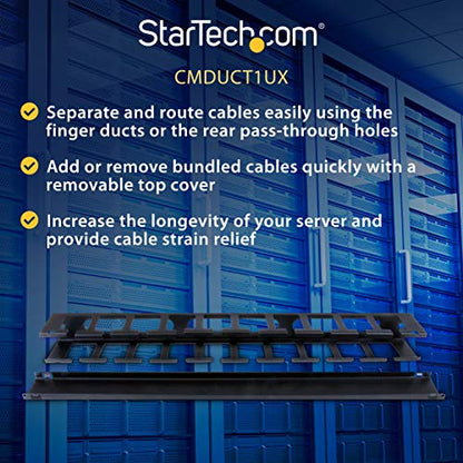 StarTech.com Horizontal 1U Server Rack Cable Management Finger Duct w/ Cover - 19" Network Rack Wire Duct Raceway Panel - Slotted Wire Duct (CMDUCT1UX) - style: 1U | Horizontal