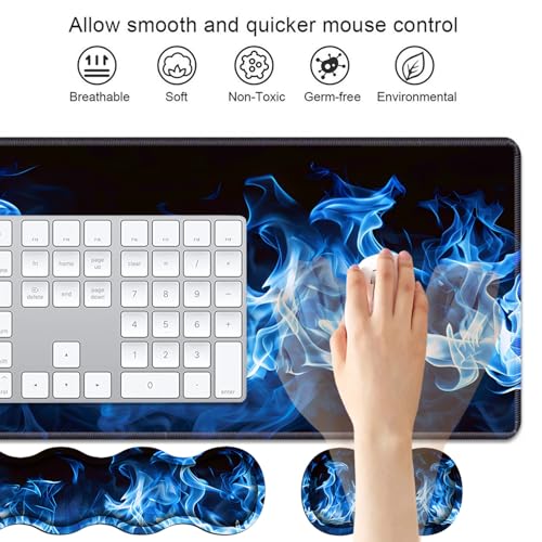 4 in 1 Ergonomic Keyboard Wrist Rest & Mouse Pad Wrist Rest Set, Large XXL Gaming Desk Mat 31.5"x 11.8" with Non-Slip Base, Memory Foam for Home Office Study Gaming, Blue Flame - color: Blue Flame