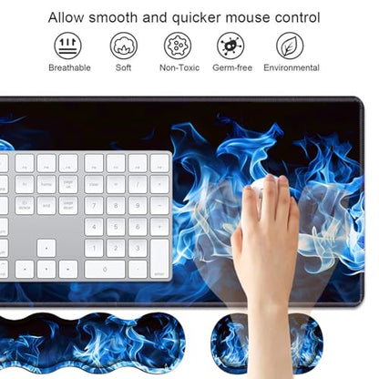 4 in 1 Ergonomic Keyboard Wrist Rest & Mouse Pad Wrist Rest Set, Large XXL Gaming Desk Mat 31.5"x 11.8" with Non-Slip Base, Memory Foam for Home Office Study Gaming, Blue Flame - color: Blue Flame