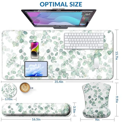 Desk Mat Set + Keyboard and Mouse Pad with Wrist Rest Support,4-in-1 Large Mousepad Computer Mats for Desktop Home & Office -Eucalyptus - color: V-Eucalyptus