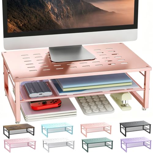 gianotter 2-Tier Metal Monitor Stand Riser, Desk Organizer for Monitor, Office Desk Storage Organizer for Office Supplies (Rose Gold) - color: Rose Gold