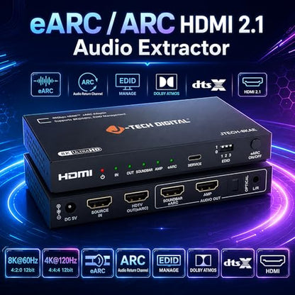 J-Tech Digital 8K HDMI Audio Extractor with eARC ARC 8K 60Hz 4K 120Hz, HDMI to Optical L/R Converter Adapter, HDCP 2.3 HDR CEC EDID [JTECH-8KAE] - size: 8K 60Hz