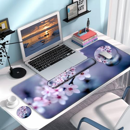 Desk Mat Set + Keyboard and Mouse Pad with Wrist Rest Support,4-in-1 Large Mousepad Computer Mats for Desktop Home & Office-Cherry Bloosom - color: L1-Cherry Blossom