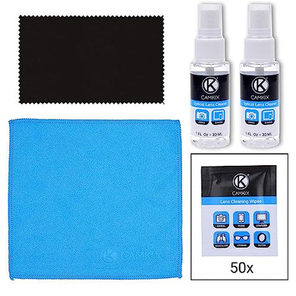 Lens and Screen Cleaning Kit - 2 Spray Bottles, 2 Microfiber Cloths (Size L + S), 50 Individually Wrapped Wet Tissues - for Eyeglasses, Sunglasses, Camera Lenses, Phone/Tablet Screens, etc.