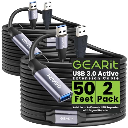 GearIT USB 3.0 Active Extension Cable (2 Pack - 50 Feet) A-Male to A-Female USB Repeater with Signal Booster for Oculus Rift, Quest Link, Xbox 360 Kinect, PlayStation, Printer, Webcam - 50ft - size: 50 Feet (2-Pack)