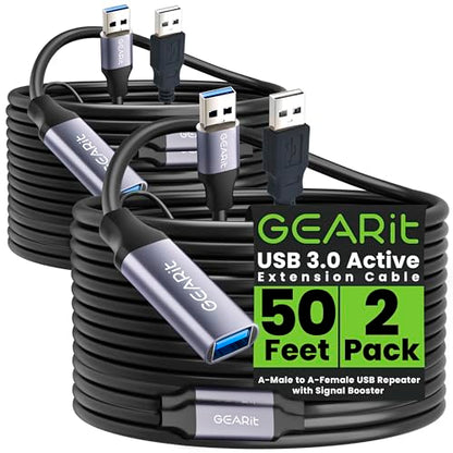 GearIT USB 3.0 Active Extension Cable (2 Pack - 50 Feet) A-Male to A-Female USB Repeater with Signal Booster for Oculus Rift, Quest Link, Xbox 360 Kinect, PlayStation, Printer, Webcam - 50ft - size: 50 Feet (2-Pack)