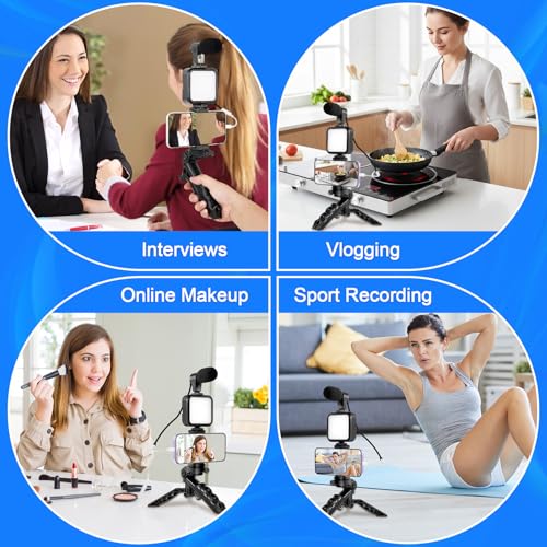 RGB Vlogging Phone Tripod with Mini RGB LED Video Light, Cardioid Microphone, Phone Holder, Compatible with iPhone & Android, for YouTube, TikTok, Instagram & Live Streaming