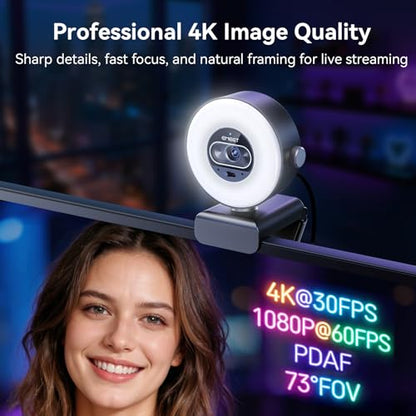 EMEET S600L 4K Webcam for Streaming with Ring Light, 4 Lighting Modes, Rainbow Effect, 1/2" Sensor, AI Imaging, 0.2S PDAF, 2 Mics, Dial Control, 4K Webcam with Light for OBS/Twitch/YouTube/Zoom/PC/Mac - style: S600L Ring Light 1/2" Sensor