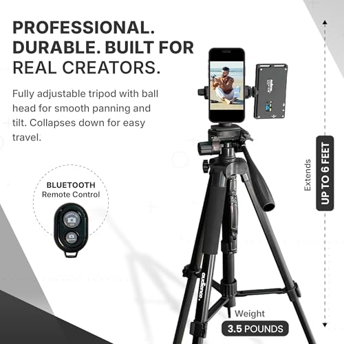 Audience Vlogging Kit for iPhone & Android — 72" Tripod with Dual Wireless Mics, LED Light, Phone Mount, Bluetooth Remote & Travel Case