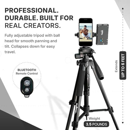 Audience Vlogging Kit for iPhone & Android — 72" Tripod with Dual Wireless Mics, LED Light, Phone Mount, Bluetooth Remote & Travel Case