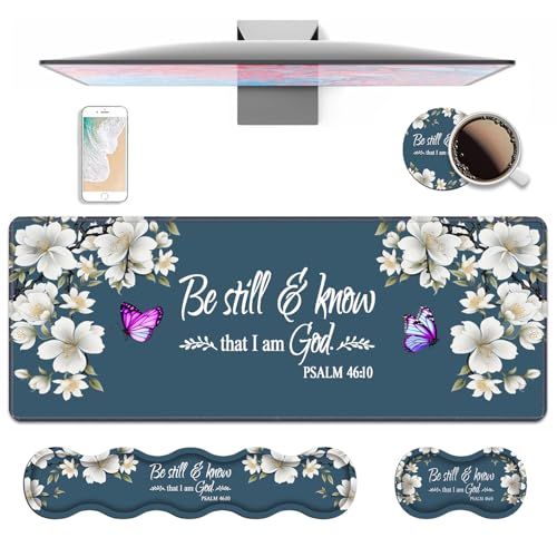 4 in 1 Ergonomic Keyboard Wrist Rest & Mouse Pad Wrist Rest Set,Large XXL Gaming Desk Mat 31.5"x 11.8" with Non-Slip Base,Memory Foam for Home Office Study Gaming,Floral Quote Bible Verse Psalm 46:10 - color: Floral Quote Bible Verse Psalm 46:10