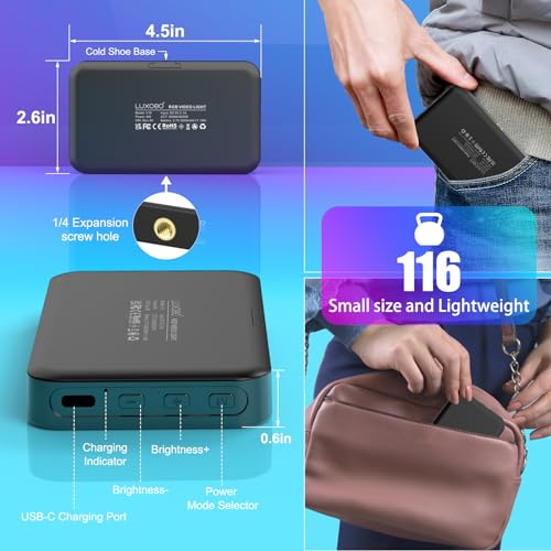 LUXCEO RGB Video Light, Portable LED Camera Light Panel, Dimmable 3000K-6000K CRI95+ Color Photo Light with 3000mAh Rechargeable Battery, for Photography Lighting, Vlogging, Video Conference