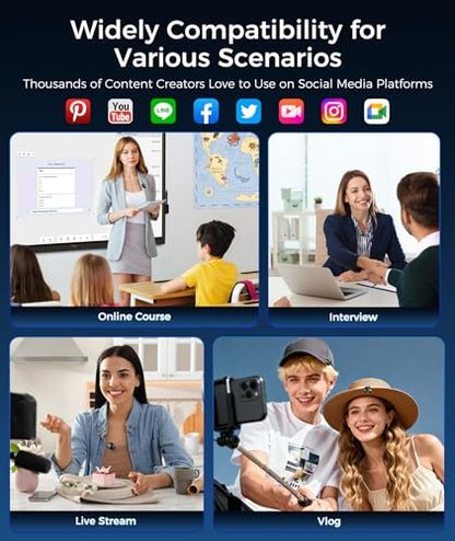 Wireless Lavalier Microphone for iPhone & Android Phones, Noise Reduction & Hi-Fi Audio & 24H Duration & 50M Range, Clips-on Magnetic Lapel Mic for Video Recording/Live Stream/Vlog/Podcast/Interview