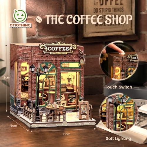 Book Nook Kit DIY Miniature House with LED Lights, 3D Wooden Puzzle Coffee Shop Bookshelf Insert for Adults, Double Door Mini Dollhouse Building Kit, Creative Home Decor Gift for Women & Men - style: Coffee Shop