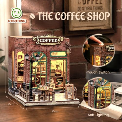 Book Nook Kit DIY Miniature House with LED Lights, 3D Wooden Puzzle Coffee Shop Bookshelf Insert for Adults, Double Door Mini Dollhouse Building Kit, Creative Home Decor Gift for Women & Men - style: Coffee Shop