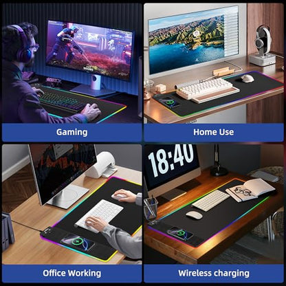 Mouse Pad with Wireless Charging, RGB Gaming Mousepad, Large Desk Mat with Ultra-Smooth Surface, Non-Slip Mouse Mat, Waterproof Computer Keyboard Pad with 18W QC Power Adapter, 800x400x4MM, Black - color: Black-rgb(with Charger & Cable)