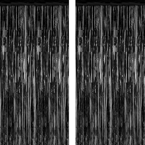 ZATAYE 2 Pack Black Foil Curtain Backdrop Birthday Party Decorations | Black, Metallic Foil, 3.28 x 7.05 FT, Tinsel Backdrop, Foil Curtain Streamer, Halloween New Years Eve Party - color: Black, size: 2 PCS