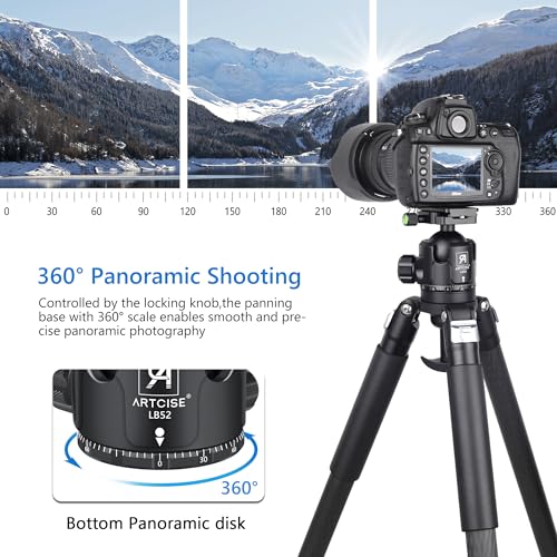 52mm Low Profile Ball Head Tripod Mount Ball Head ARTCISE All Metal CNC Machining with Two 1/4" Quick Release Plates for Tripod, Monopod, DSLR, Camcorder，Max Load 66lbs /30kg（All Black）