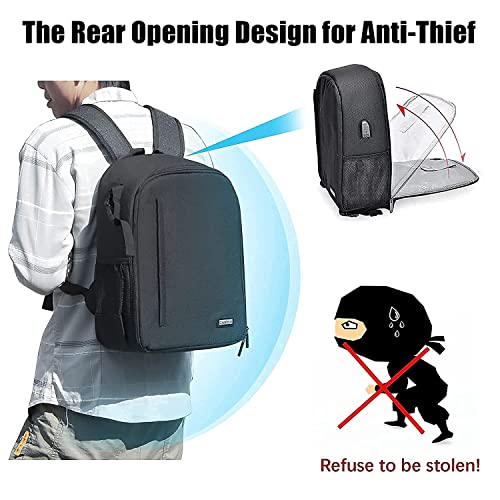 Cwatcun Camera Backpack with USB,Rain Cover,fit 15.6" Laptop,Anti-Theft Rear Open Camera Bag,Waterproof Camera Case with Tripod Straps for Canon Nikon Sony DSLR SLR Photography Bag Unisex(III-L-Black) - color: Black, size: 3.0 Large