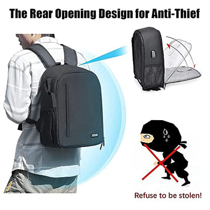 Cwatcun Camera Backpack with USB,Rain Cover,fit 15.6" Laptop,Anti-Theft Rear Open Camera Bag,Waterproof Camera Case with Tripod Straps for Canon Nikon Sony DSLR SLR Photography Bag Unisex(III-L-Black) - color: Black, size: 3.0 Large