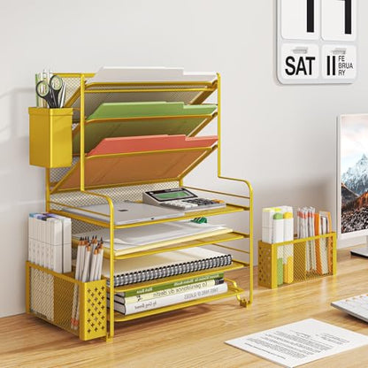 Simple Trending 7 Tier Desk File Organizer, Letter Tray Paper Organizer with Pen Holder and Metal Hanging Basket, Gold - color: Pen Holder Gold
