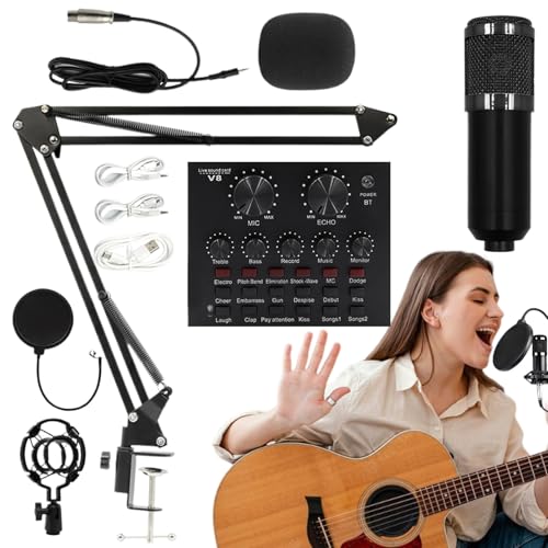 Live Streaming Kit – Plug and Play Microphone Set, Recording Sound Card Bundle, Stand Included, Cardioid Pickup Design, Durable ABS Build | Ideal for Anchors Singers Content Creators - color: Black