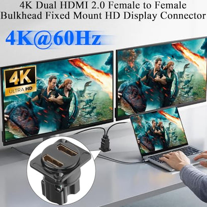 QIANRENON Dual HDMI 2.0 Panel Mount HD Display Adapter 4K HDMI 2.0 Female to Female Fixed Mount HDTV Connector 2 Port HDMI Feedthrough Bulkhead Mount Socket, for TV Projector Multimedia Display