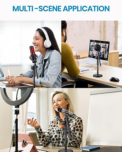 Moukey Mic Stand Desk Adjustable Tabletop Microphone Stand with Non-Slip Mic Clip, Short Table Mic Stand with Gear Fixing, Boom Arm, 3/8" and 5/8" Adapter, MMs-5