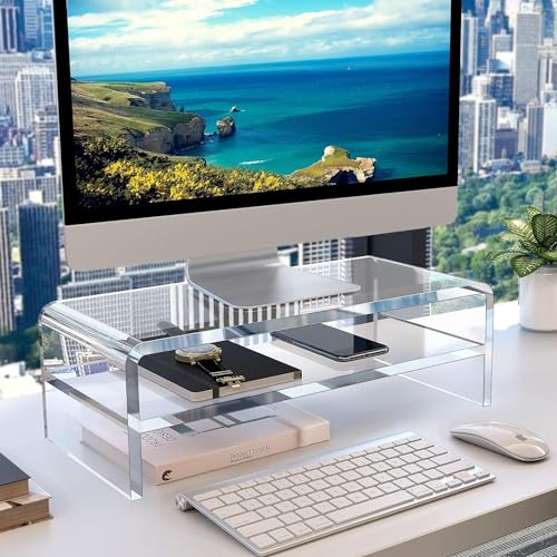 Egchi Acrylic Monitor Stand,2 Tiers Computer Monitor Riser(18x8x5.5 inches),Computer Stand/Monitor Riser for Office,School,Home,Laptop Stand Desktop Stand for Keyboard Storage&Printer TV Screen - size: 18''x8''x5.5''- 2 Tiers